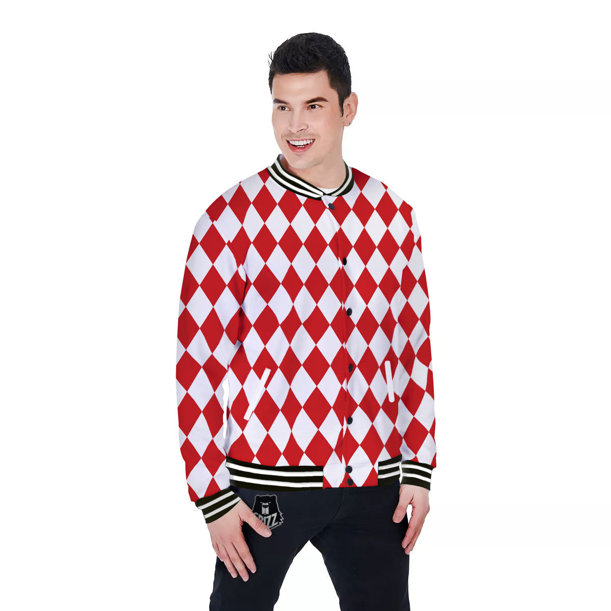 Harlequin White And Red Print Pattern Baseball Jacket-grizzshop