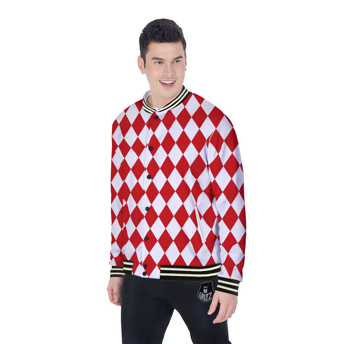 Harlequin White And Red Print Pattern Baseball Jacket-grizzshop