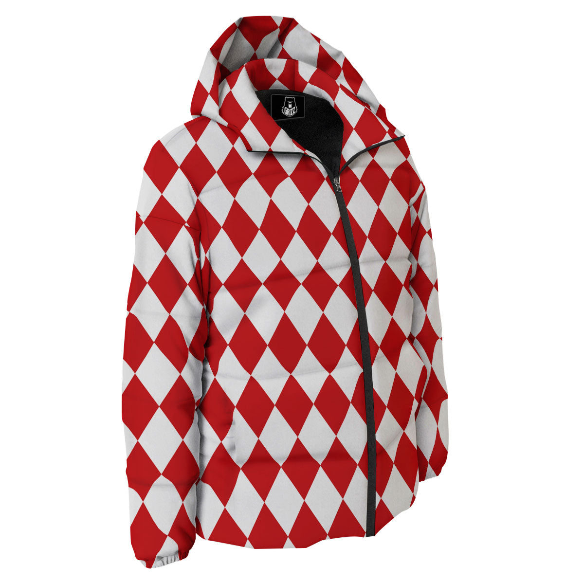 Harlequin White And Red Print Pattern Down Jacket-grizzshop