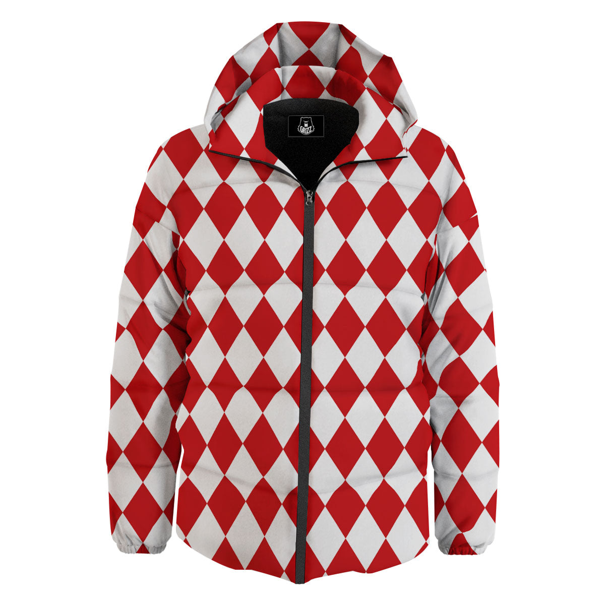 Harlequin White And Red Print Pattern Down Jacket-grizzshop