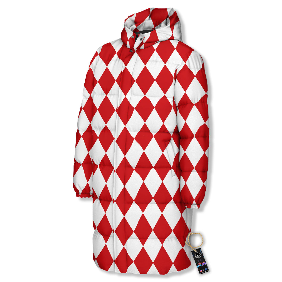 Harlequin White And Red Print Pattern Long Down Jacket-grizzshop