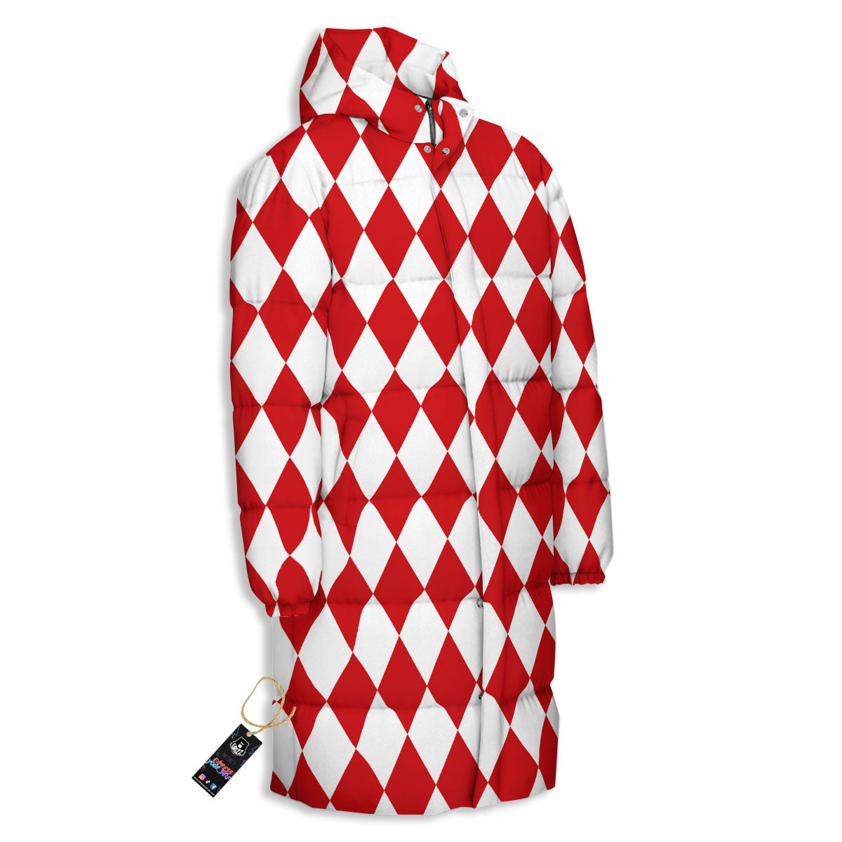 Harlequin White And Red Print Pattern Long Down Jacket-grizzshop