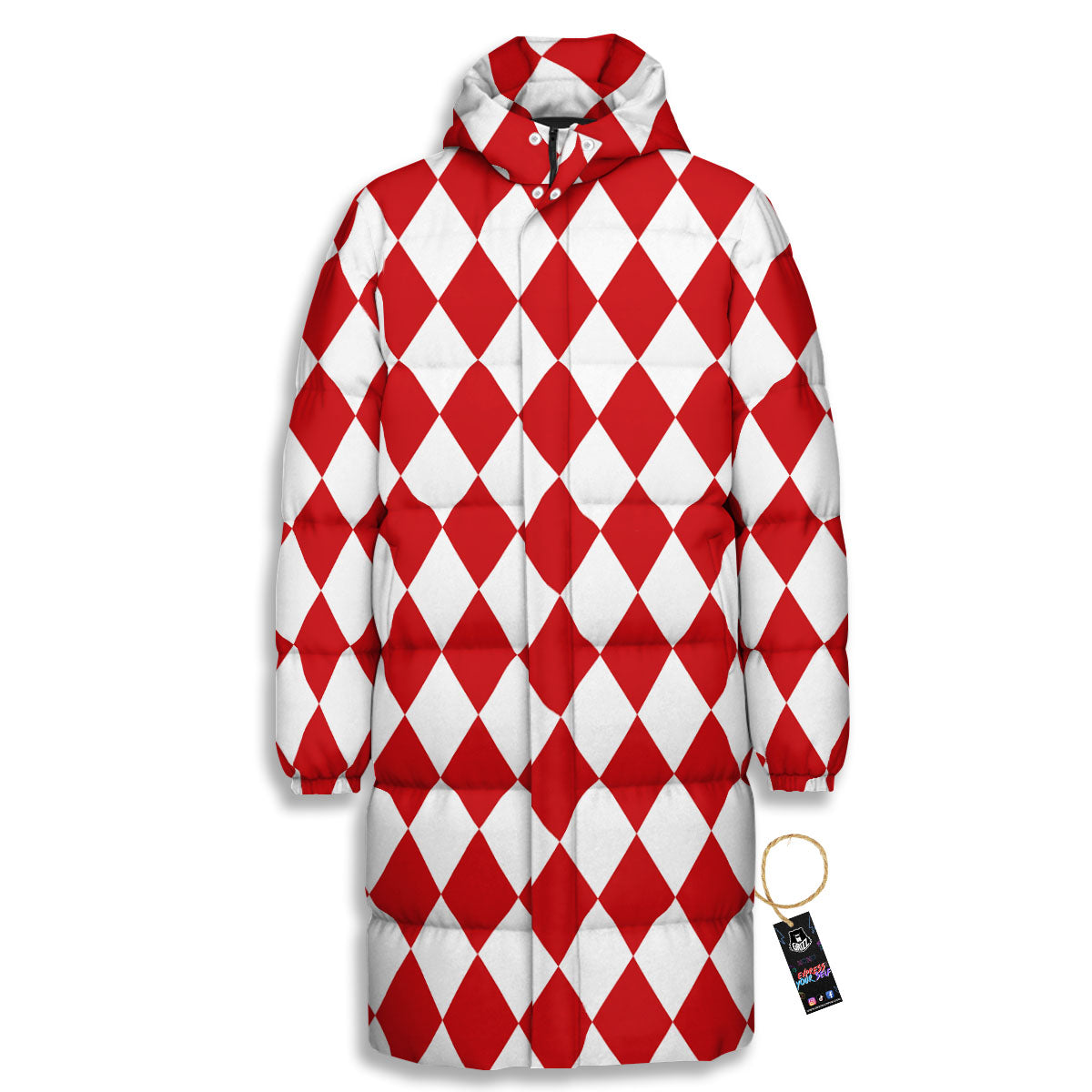 Harlequin White And Red Print Pattern Long Down Jacket-grizzshop