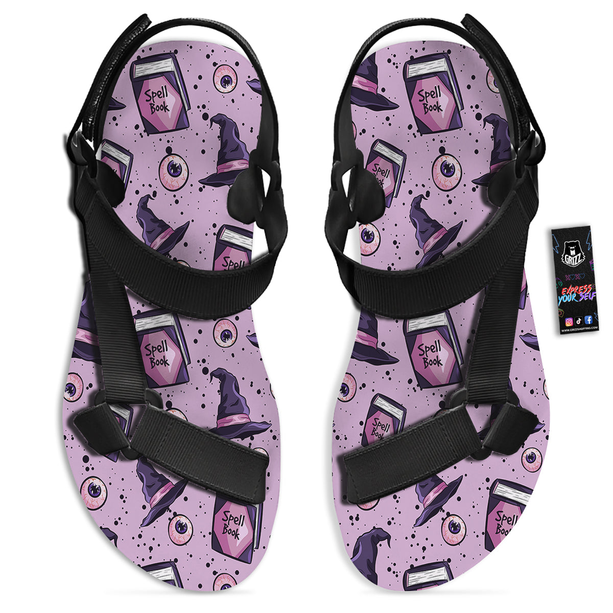 Hat Wizard Print Pattern Black Open Toe Sandals-grizzshop