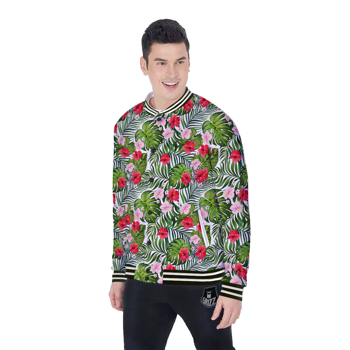 Hawaii Hibiscus Monstera Print Pattern Baseball Jacket-grizzshop
