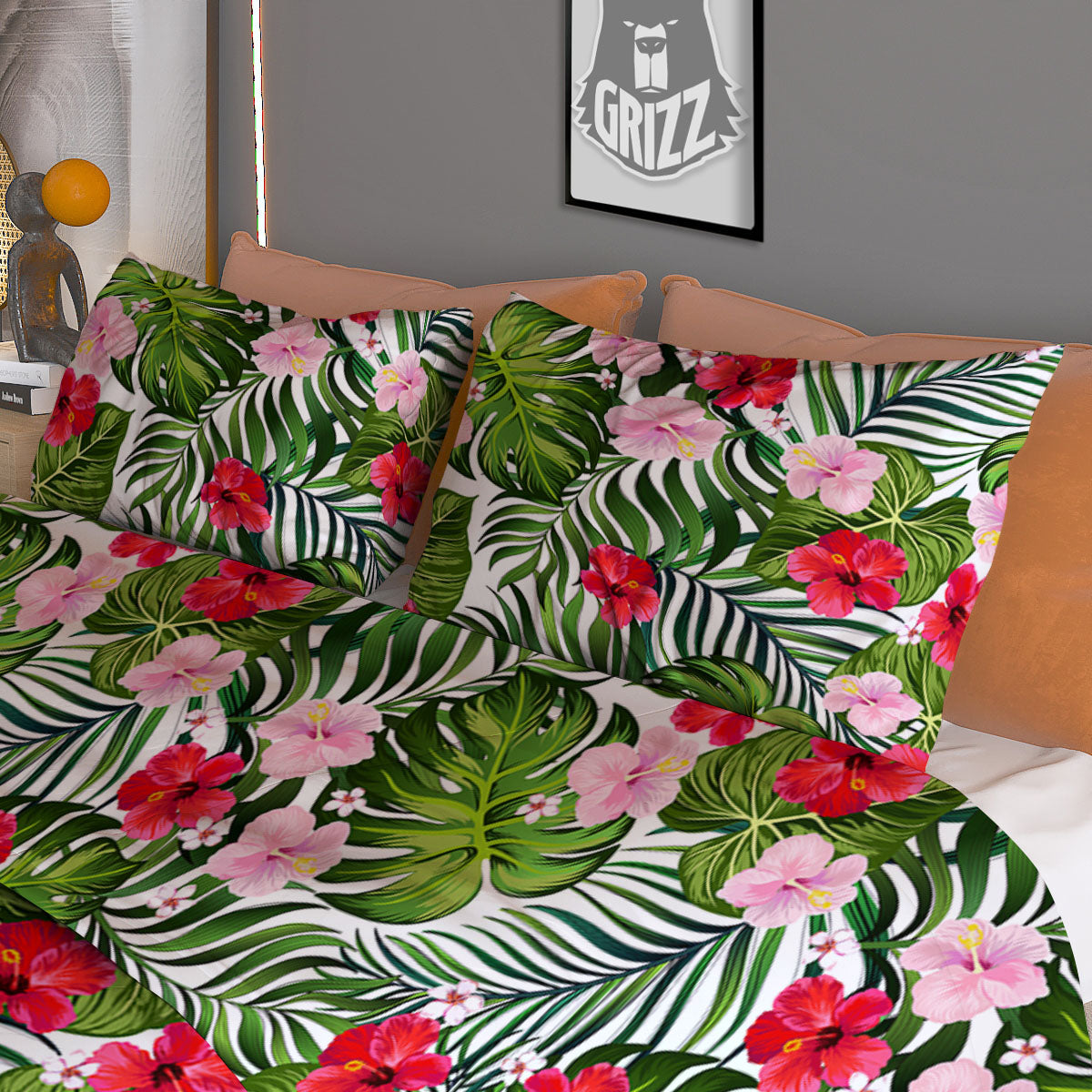 Hawaii Hibiscus Monstera Print Pattern Duvet Cover Bedding Set