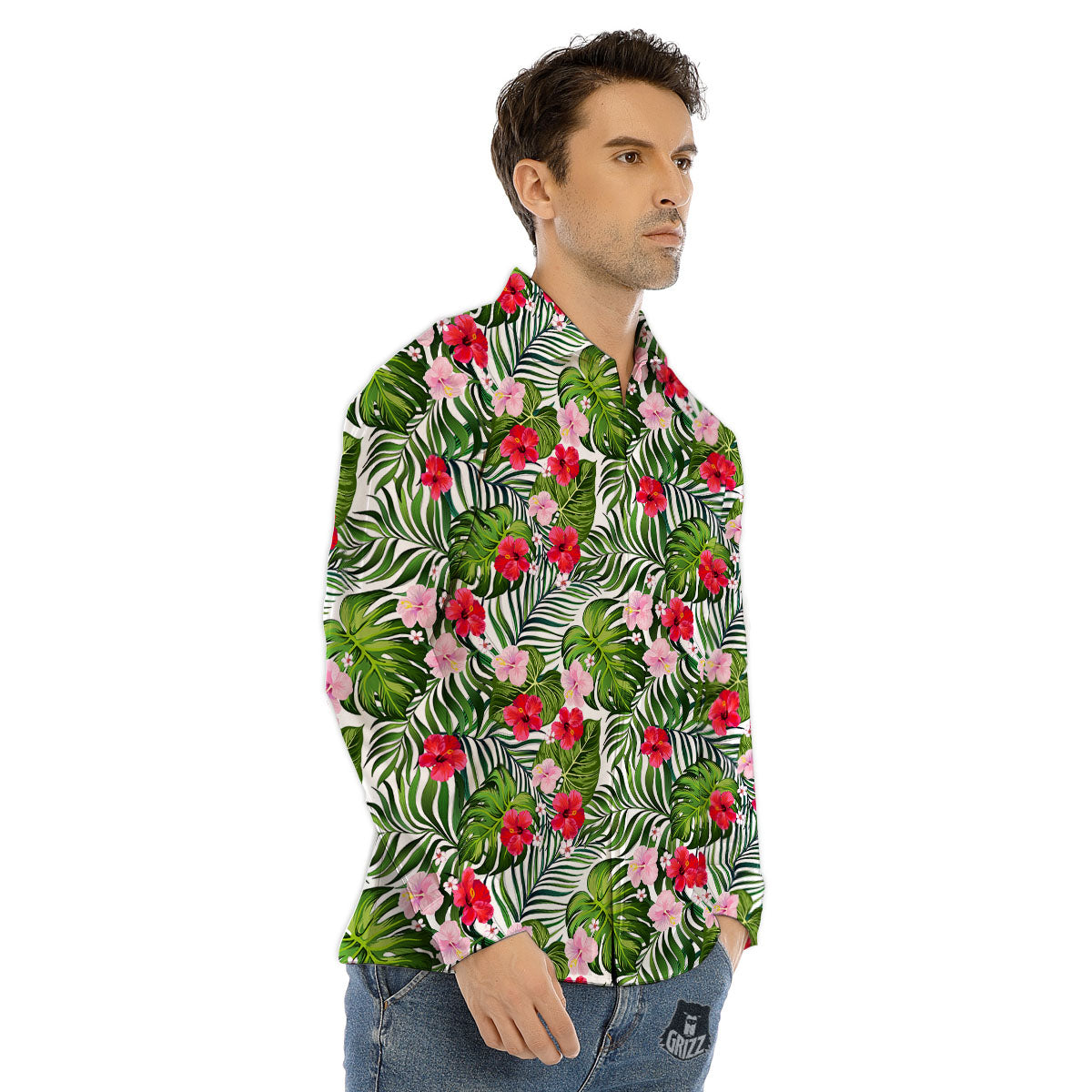Hawaii Hibiscus Monstera Print Pattern Men's Dress Shirts-grizzshop