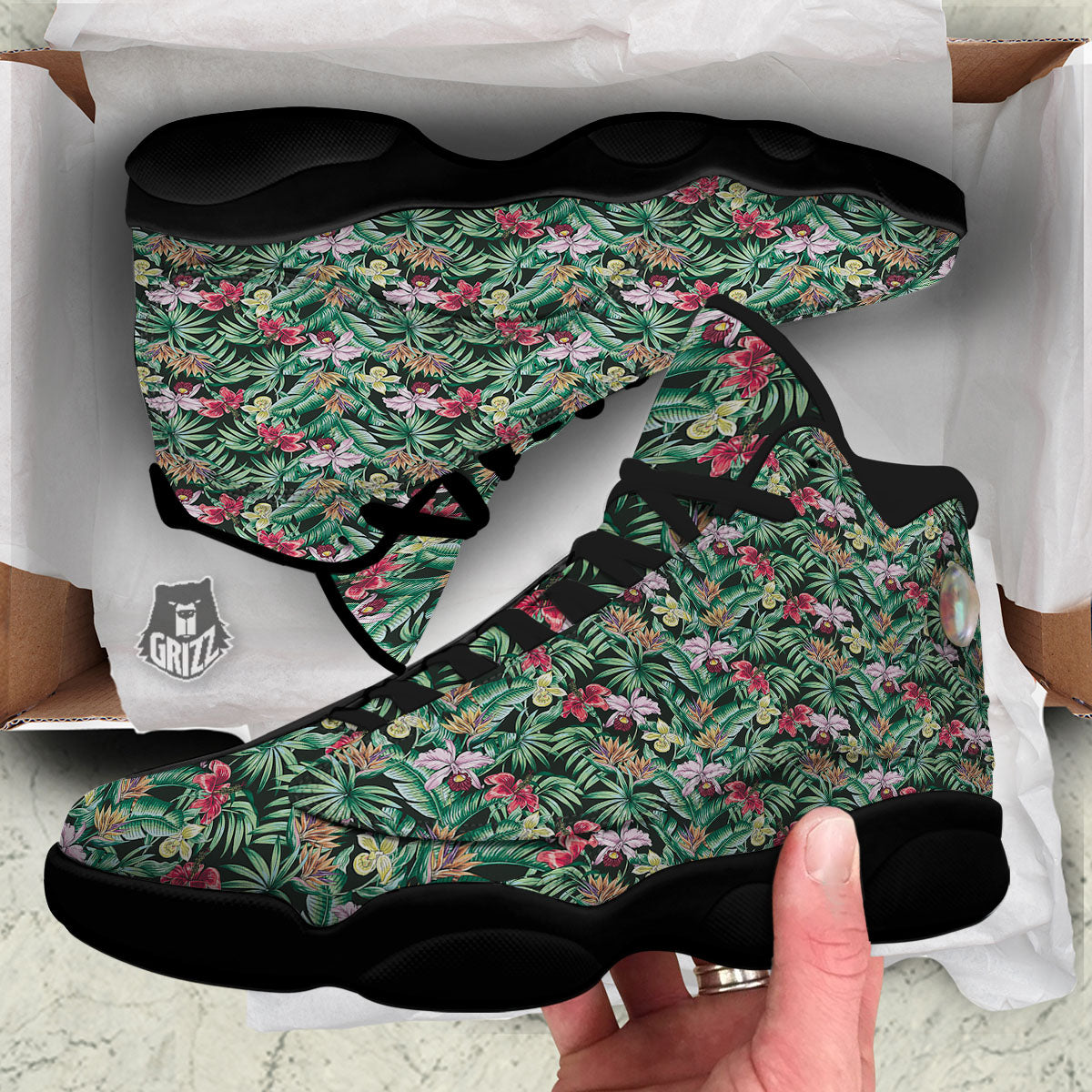 Hawaii Hibiscus Orchids Print Pattern Black Basketball Shoes-grizzshop
