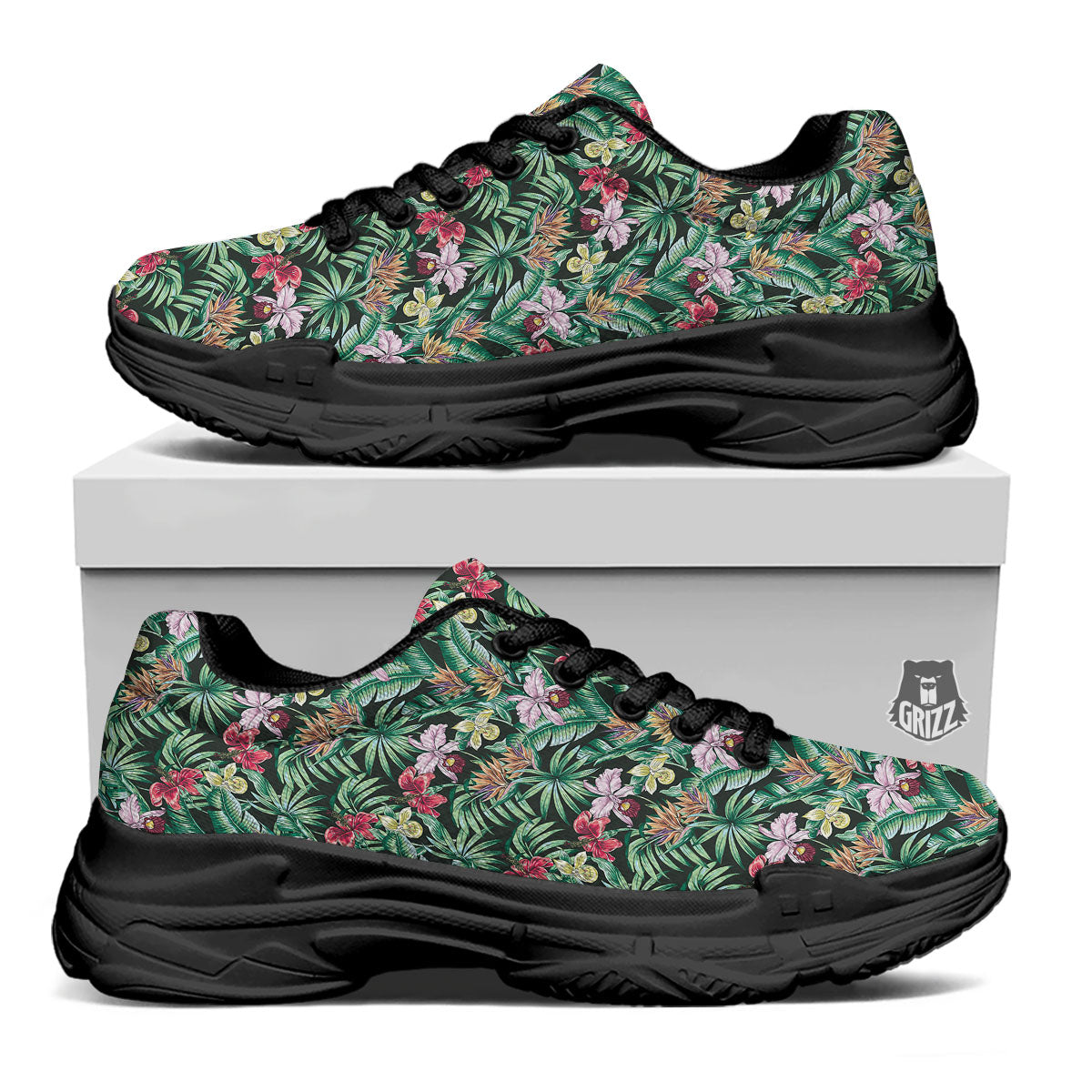 Hawaii Hibiscus Orchids Print Pattern Black Chunky Shoes-grizzshop