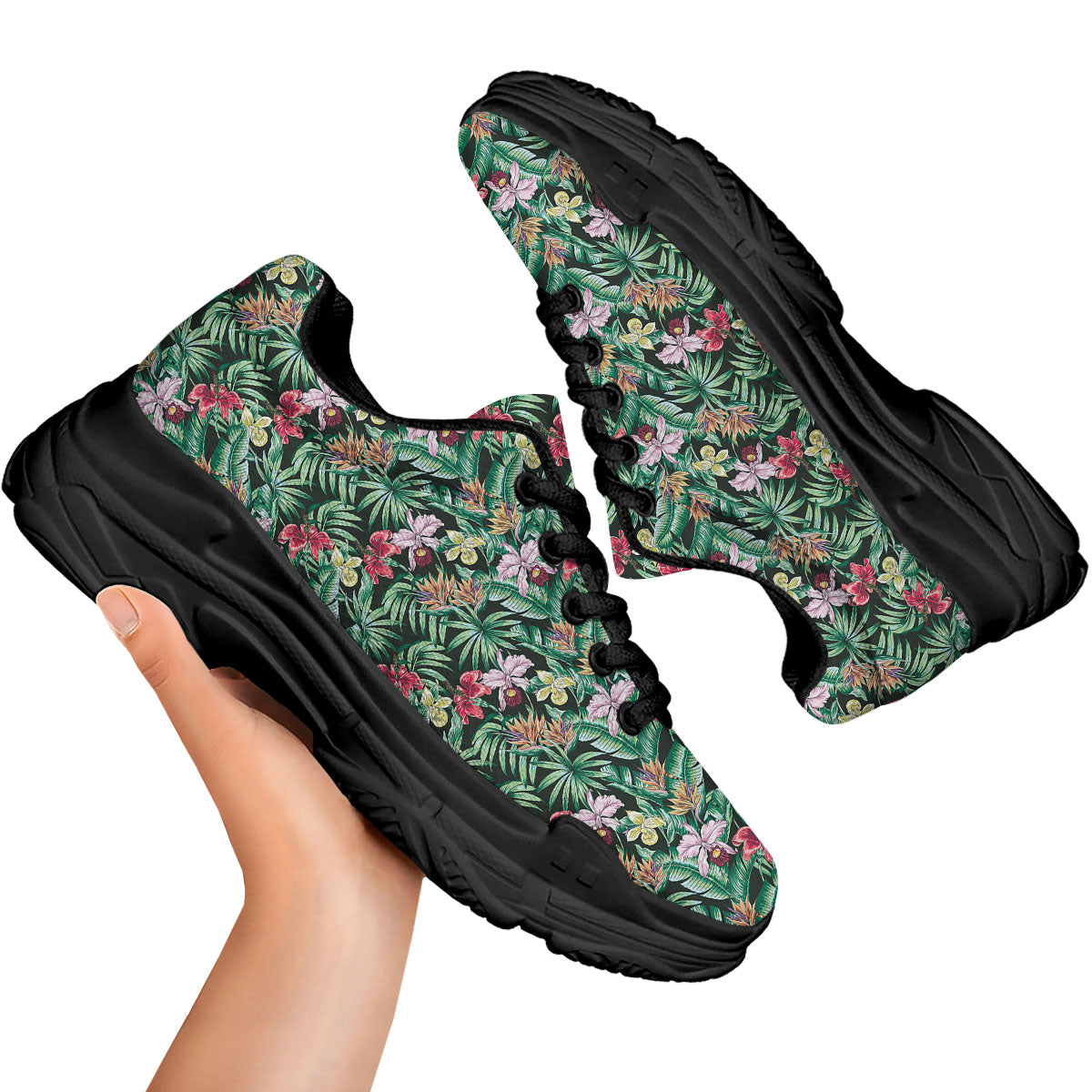 Hawaii Hibiscus Orchids Print Pattern Black Chunky Shoes-grizzshop