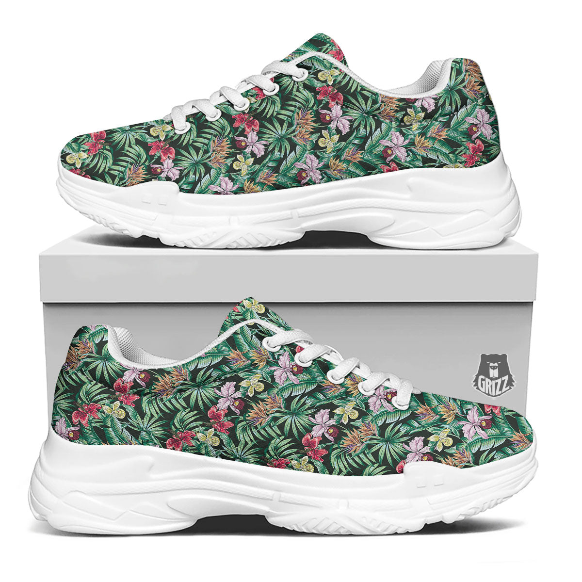 Hawaii Hibiscus Orchids Print Pattern White Chunky Shoes-grizzshop