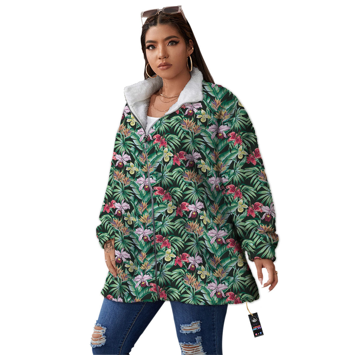 Hawaii Hibiscus Orchids Print Pattern Women's Sherpa Jacket-grizzshop