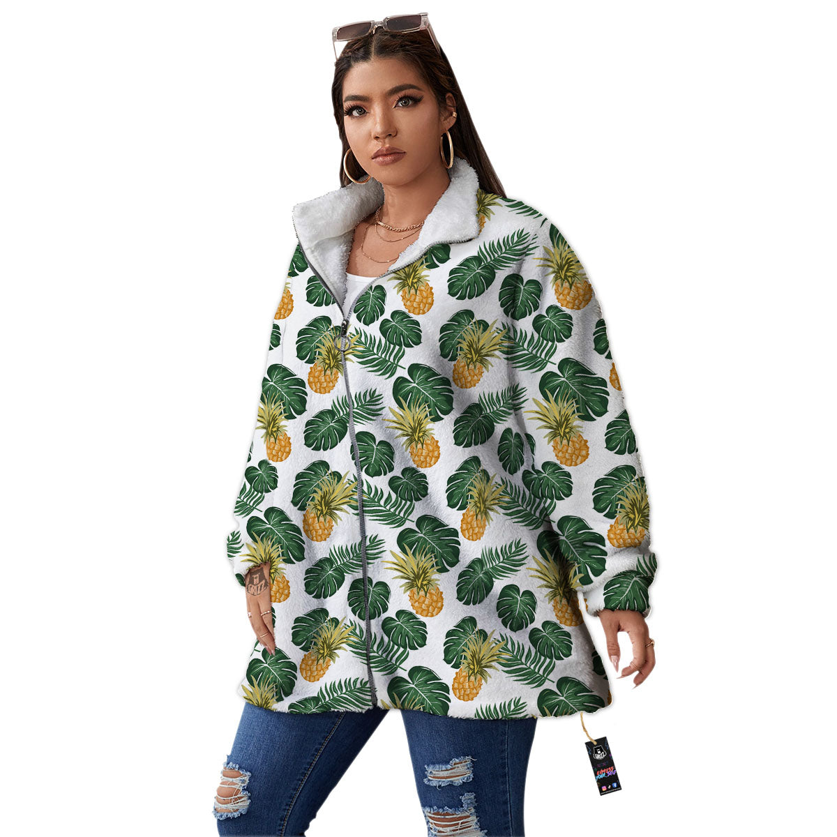 Hawaii Hibiscus Pineapple Print Pattern Women's Sherpa Jacket-grizzshop