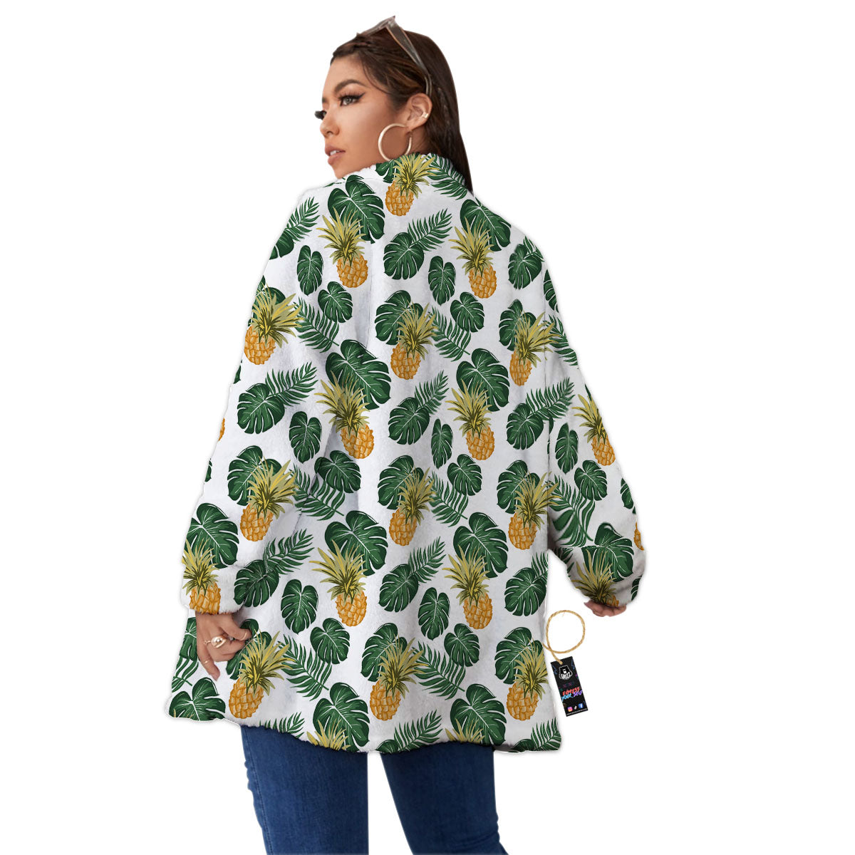 Hawaii Hibiscus Pineapple Print Pattern Women's Sherpa Jacket-grizzshop