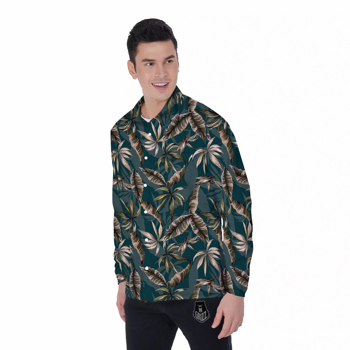 Hawaii Leaf Green Tropical Print Pattern Men's Long Sleeve Shirts-grizzshop