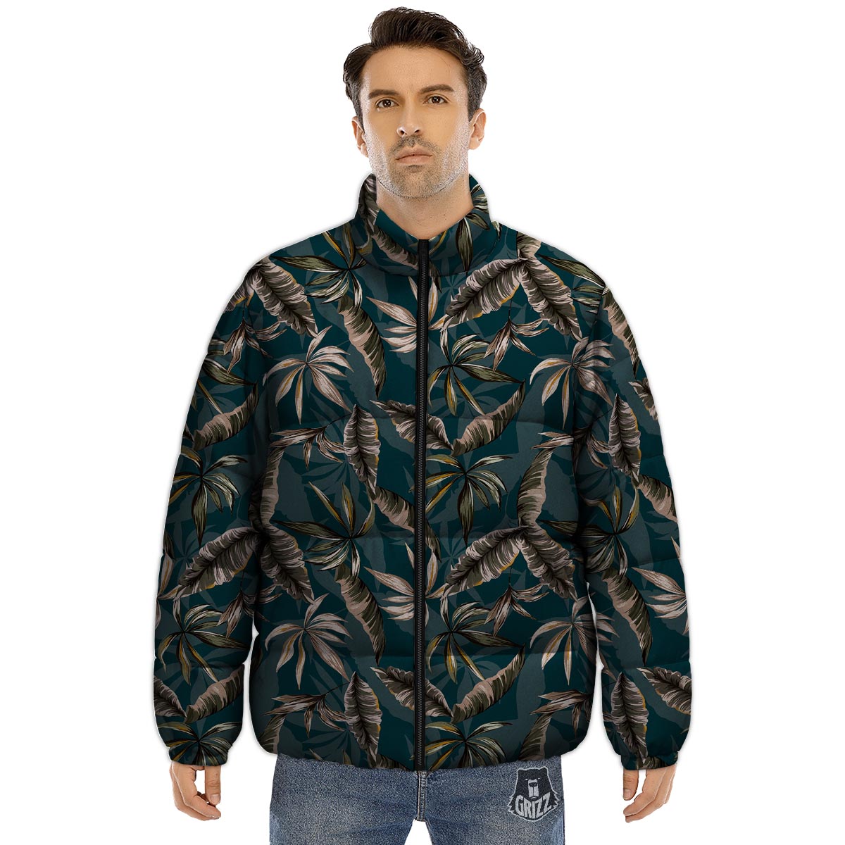 Hawaii Leaf Green Tropical Print Pattern Puffer Jacket-grizzshop