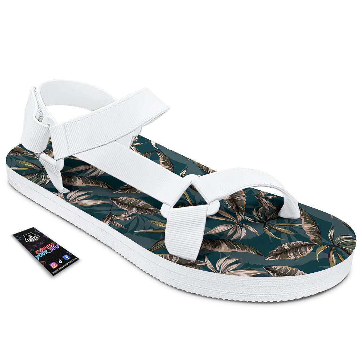 Hawaii Leaf Green Tropical Print Pattern White Open Toe Sandals-grizzshop