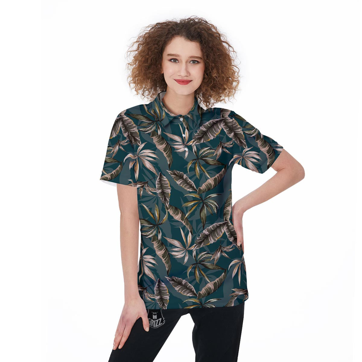 Hawaii Leaf Green Tropical Print Pattern Women's Golf Shirts-grizzshop