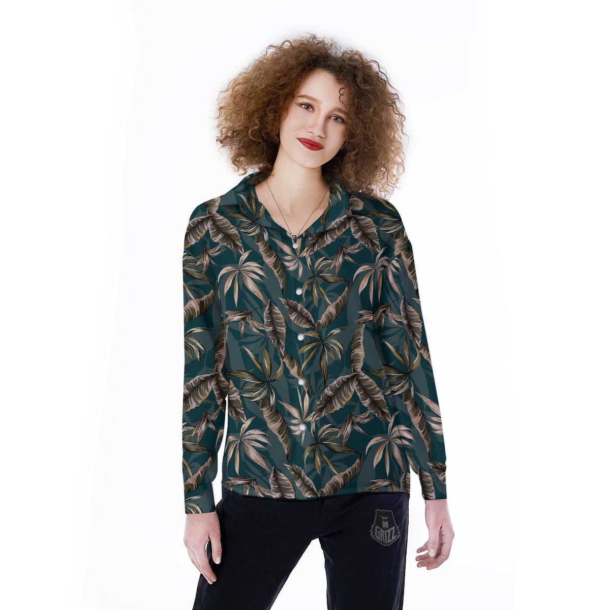 Hawaii Leaf Green Tropical Print Pattern Women's Long Sleeve Shirts-grizzshop