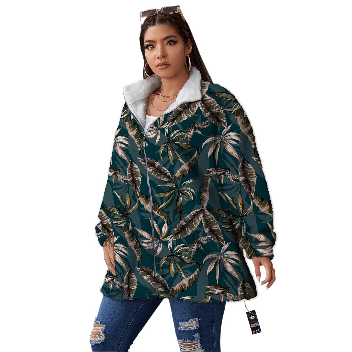 Hawaii Leaf Green Tropical Print Pattern Women's Sherpa Jacket-grizzshop