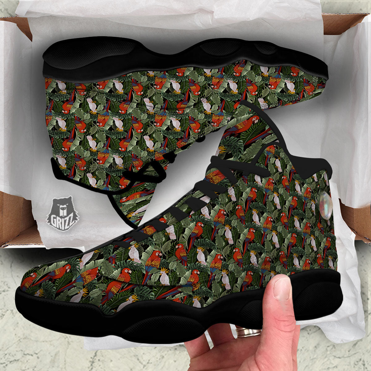 Hawaii Leaf Parrot Banana Print Pattern Black Basketball Shoes-grizzshop
