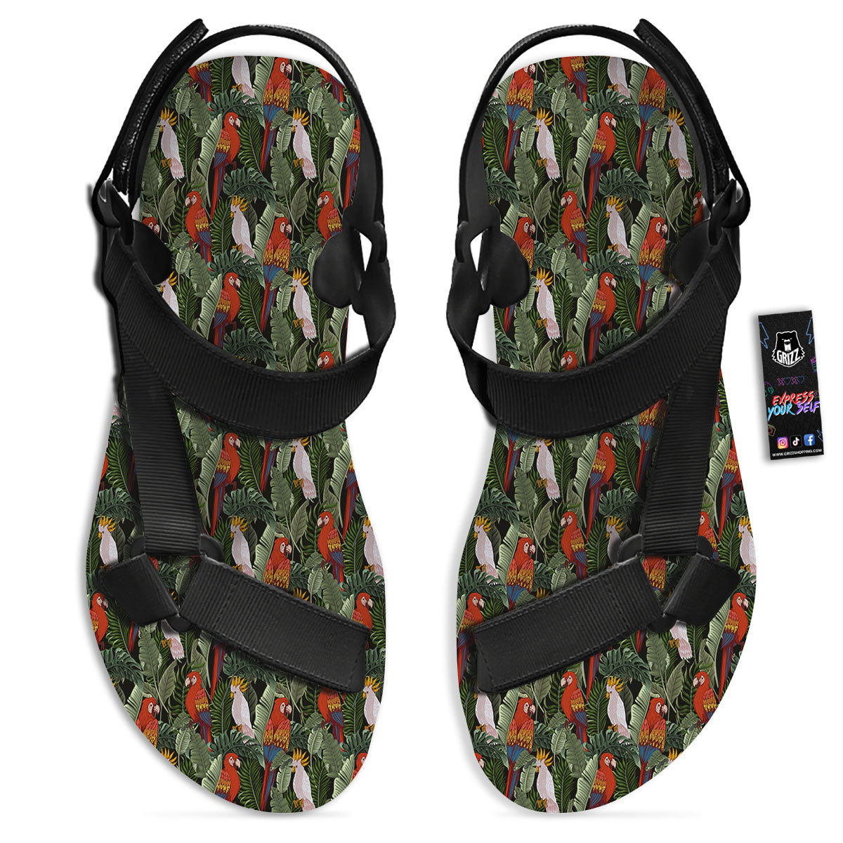 Hawaii Leaf Parrot Banana Print Pattern Black Open Toe Sandals-grizzshop
