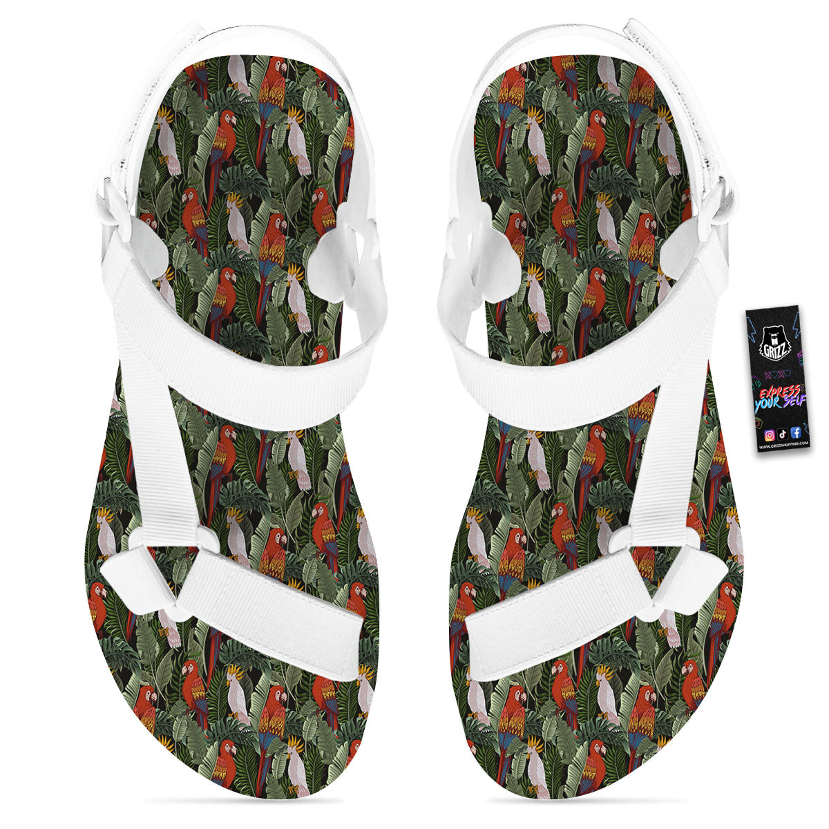 Hawaii Leaf Parrot Banana Print Pattern White Open Toe Sandals-grizzshop