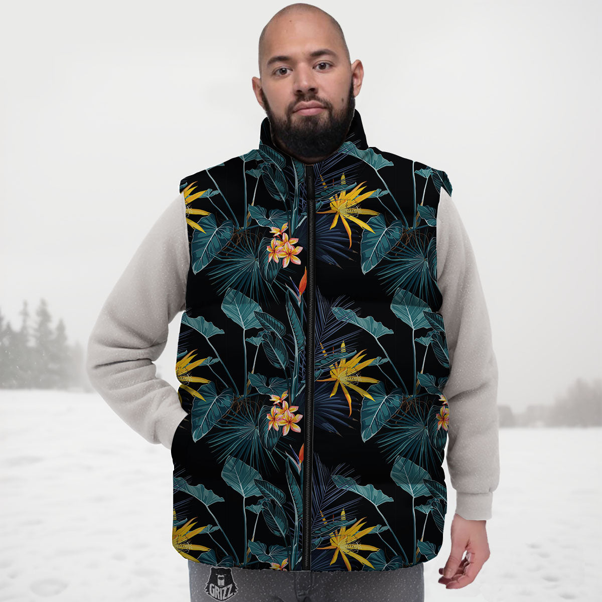 Hawaii Night Tropical Print Pattern Down Vest-grizzshop