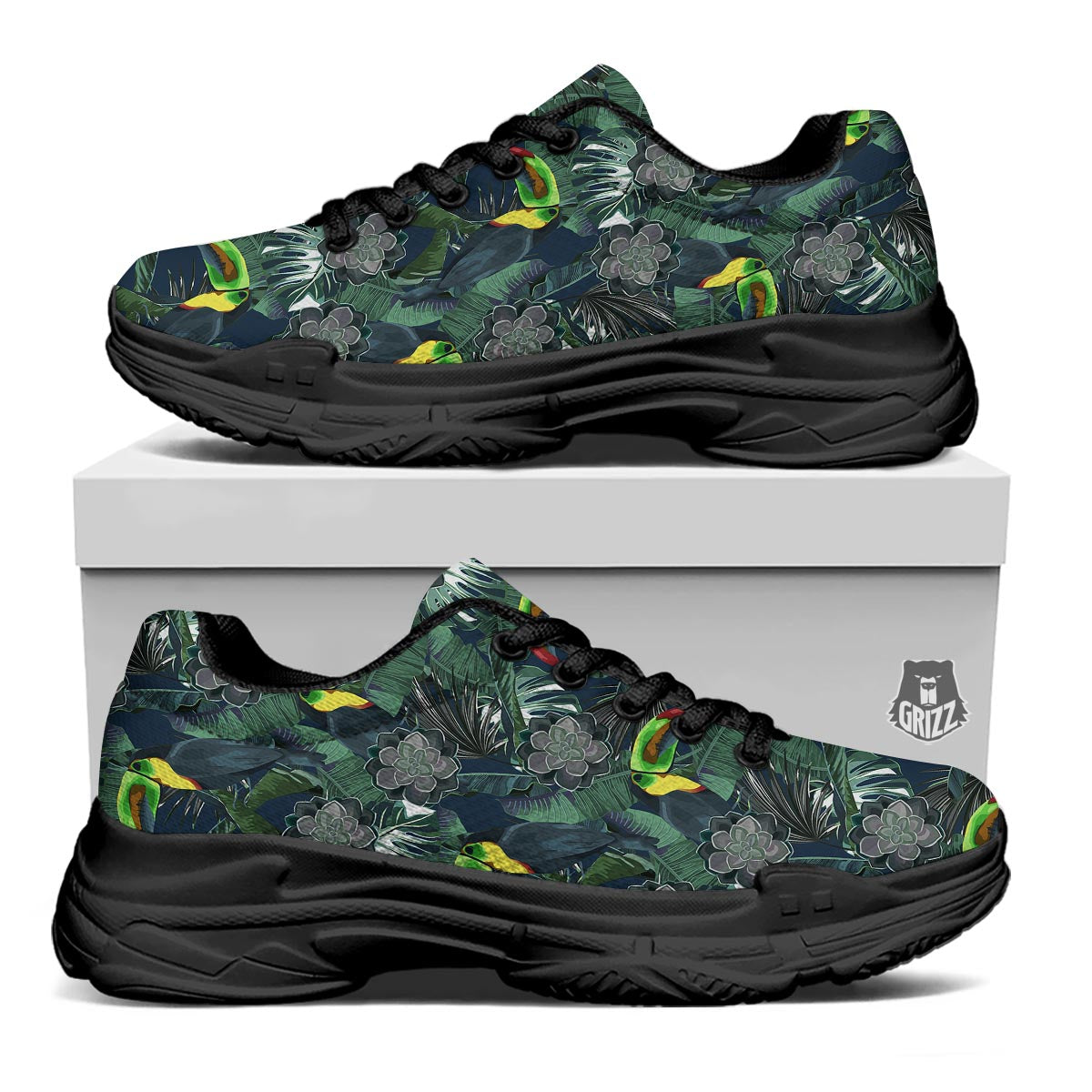 Hawaii Toucan Aloha Print Pattern Black Chunky Shoes-grizzshop