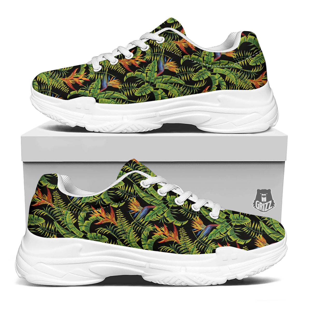 Hawaiian Banana Leaf Print Pattern White Chunky Shoes-grizzshop
