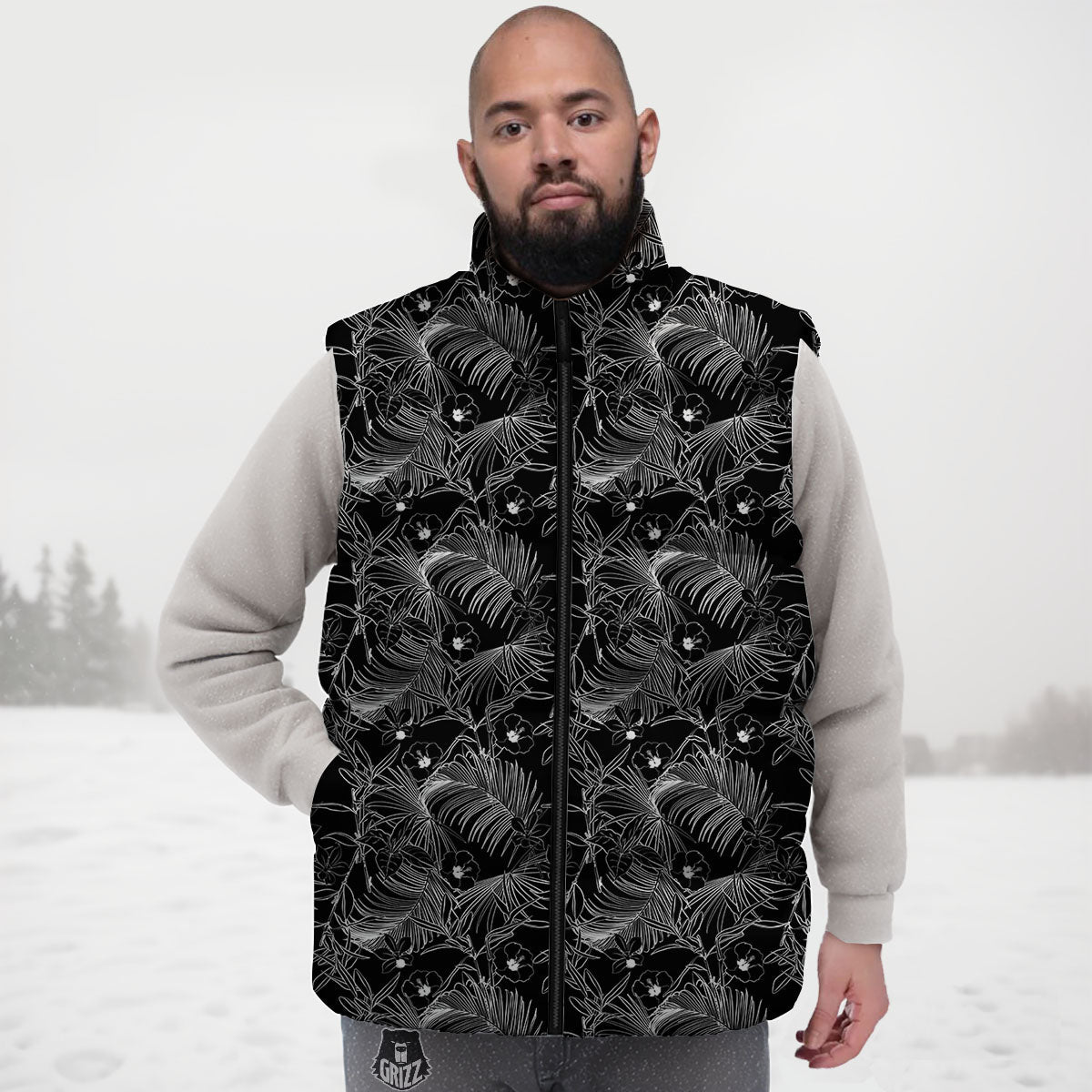 Hawaiian Black Tropical Print Pattern Down Vest-grizzshop