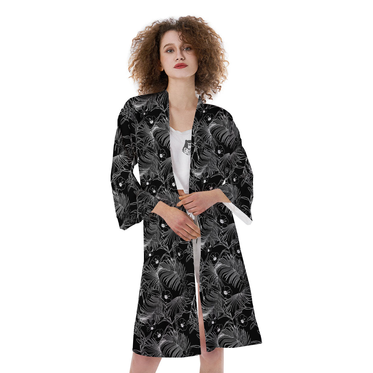 Hawaiian Black Tropical Print Pattern Kimono-grizzshop