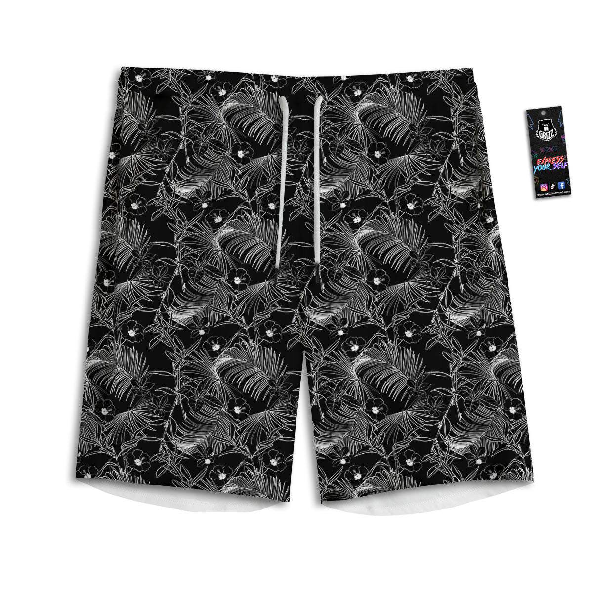 Hawaiian Black Tropical Print Pattern Men's Athletic Shorts