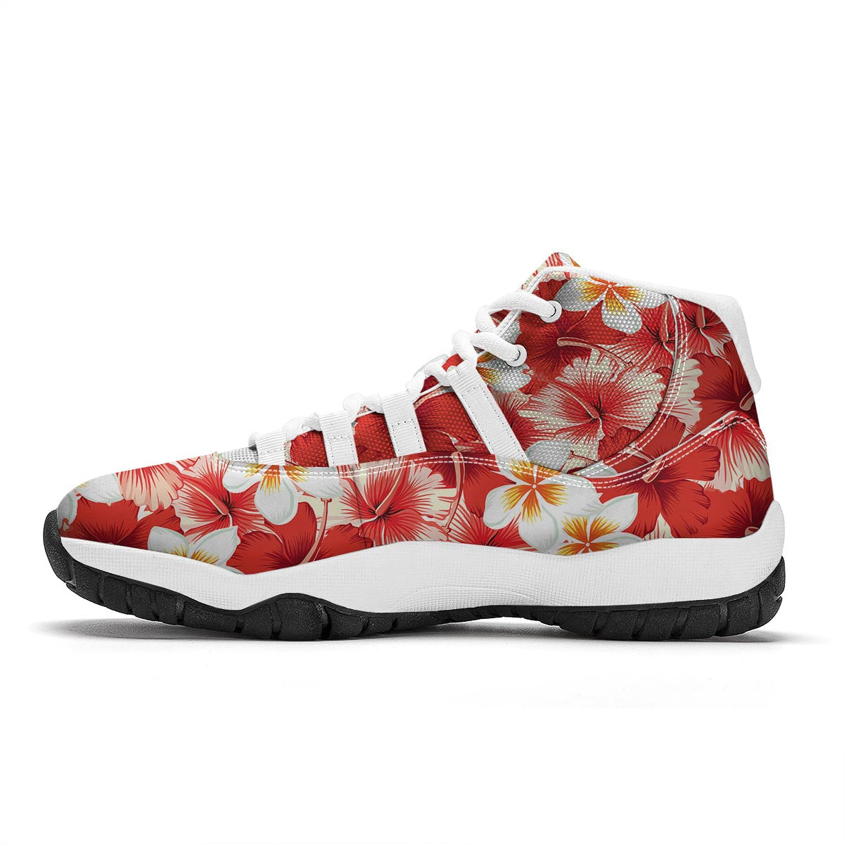 Hawaiian Floral Tropical Flower Red Hibiscus Pattern Print White Bball Shoes-grizzshop