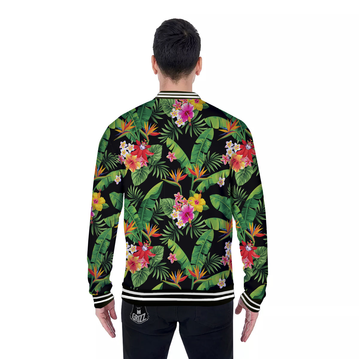 Hawaiian Flower And Tropical Leaf Print Pattern Baseball Jacket-grizzshop