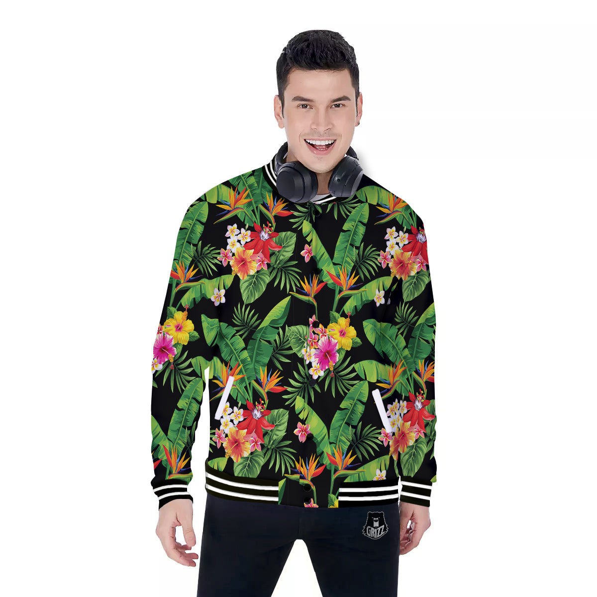 Hawaiian Flower And Tropical Leaf Print Pattern Baseball Jacket-grizzshop