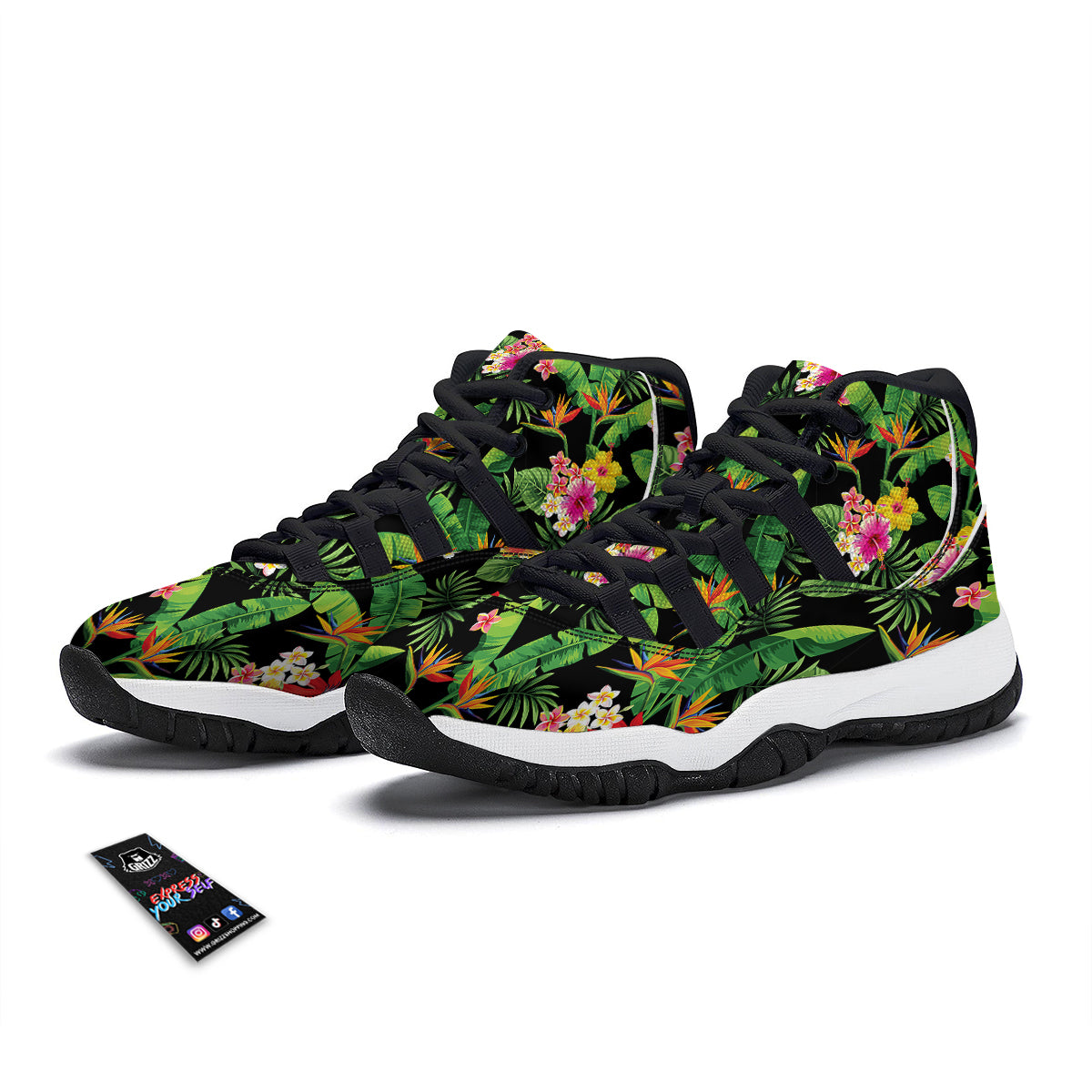 Hawaiian Flower And Tropical Leaf Print Pattern Black Bball Shoes-grizzshop