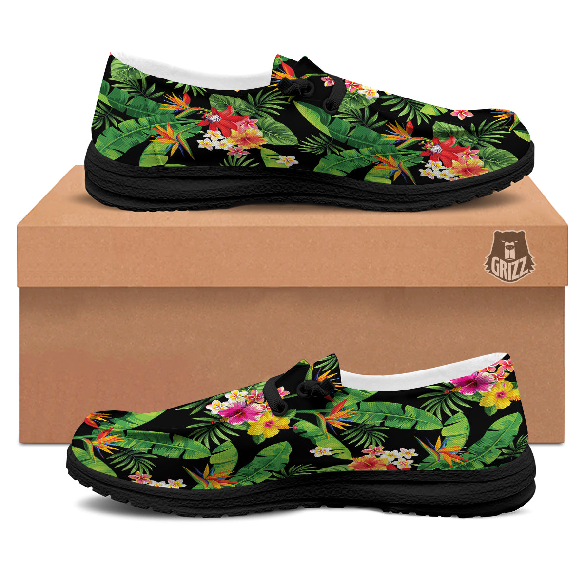 Hawaiian Flower And Tropical Leaf Print Pattern Black Loafers-grizzshop