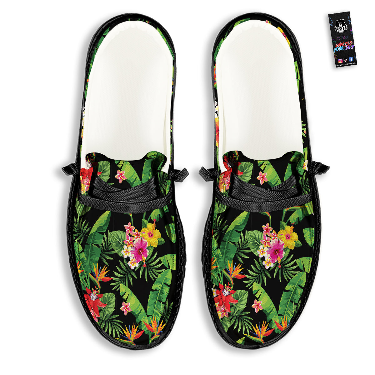 Hawaiian Flower And Tropical Leaf Print Pattern Black Loafers-grizzshop