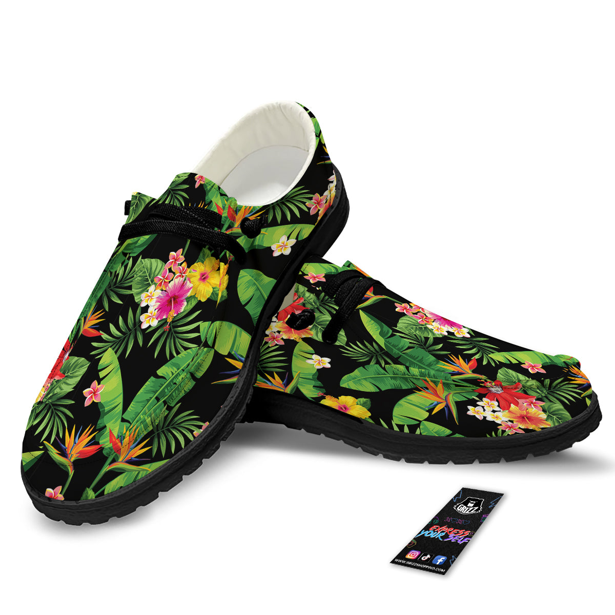 Hawaiian Flower And Tropical Leaf Print Pattern Black Loafers-grizzshop