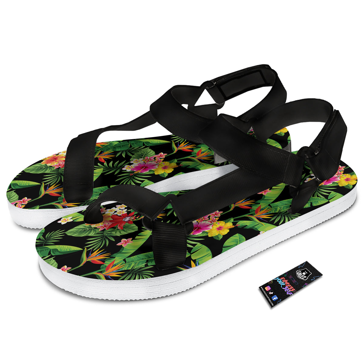 Hawaiian Flower And Tropical Leaf Print Pattern Black Open Toe Sandals-grizzshop
