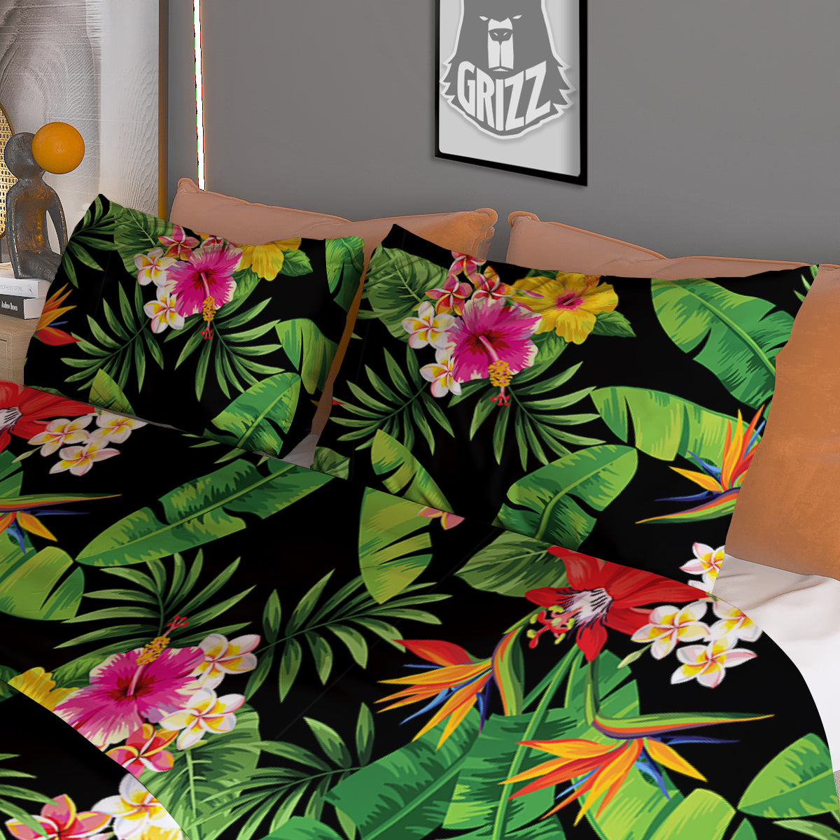 Hawaiian Flower And Tropical Leaf Print Pattern Duvet Cover Bedding Set