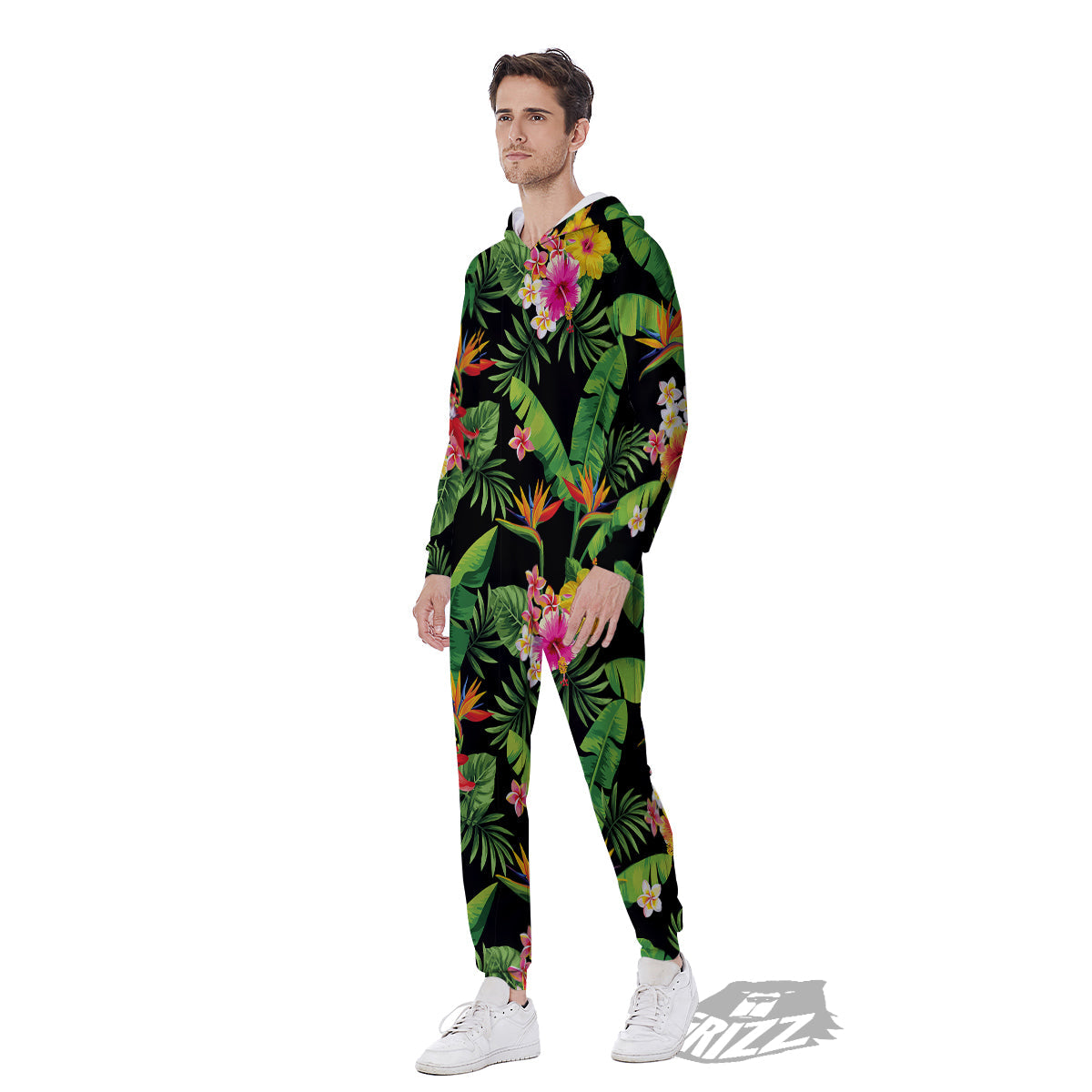 Hawaiian Flower And Tropical Leaf Print Pattern Men's Jumpsuit-grizzshop