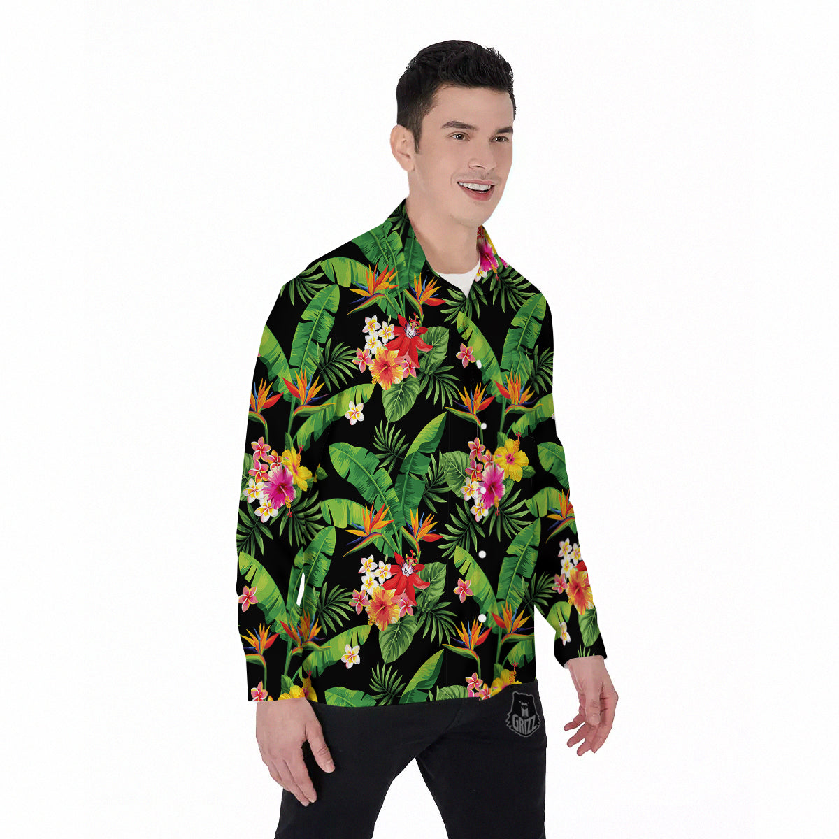 Hawaiian Flower And Tropical Leaf Print Pattern Men's Long Sleeve Shirts-grizzshop