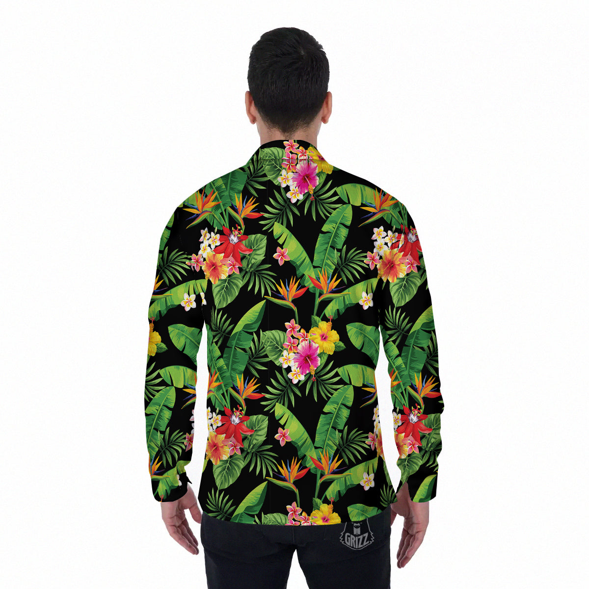 Hawaiian Flower And Tropical Leaf Print Pattern Men's Long Sleeve Shirts-grizzshop