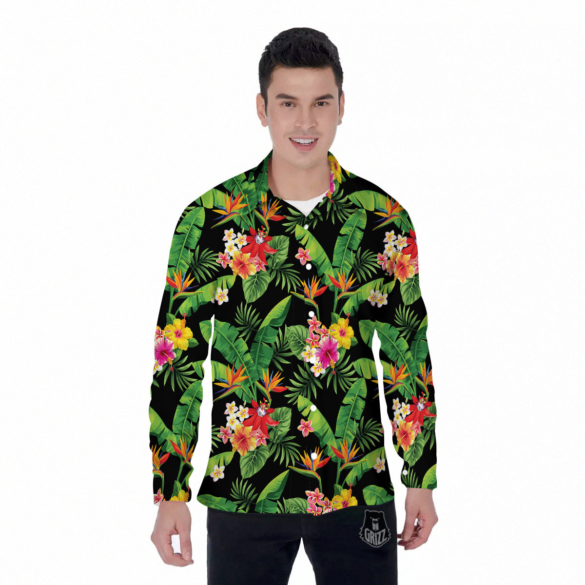Hawaiian Flower And Tropical Leaf Print Pattern Men's Long Sleeve Shirts-grizzshop