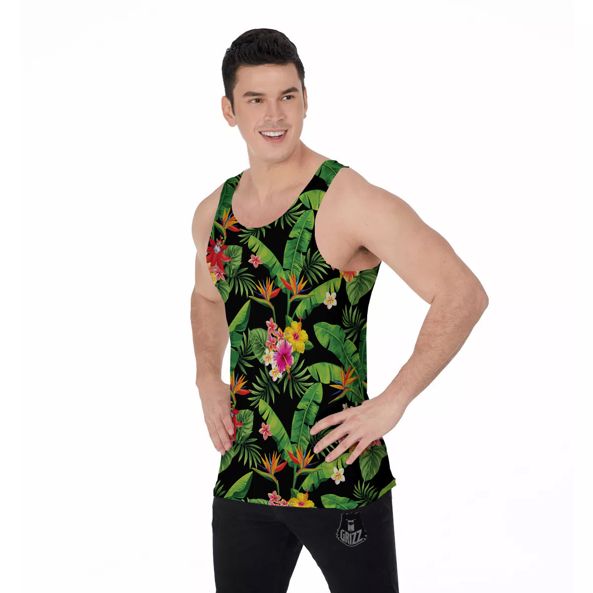 Hawaiian Flower And Tropical Leaf Print Pattern Men's Tank Top-grizzshop