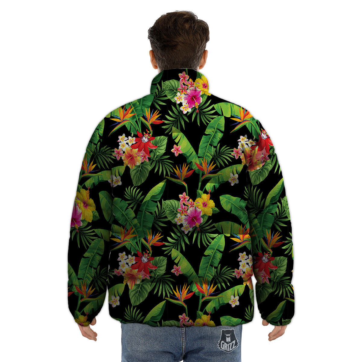 Hawaiian Flower And Tropical Leaf Print Pattern Puffer Jacket-grizzshop