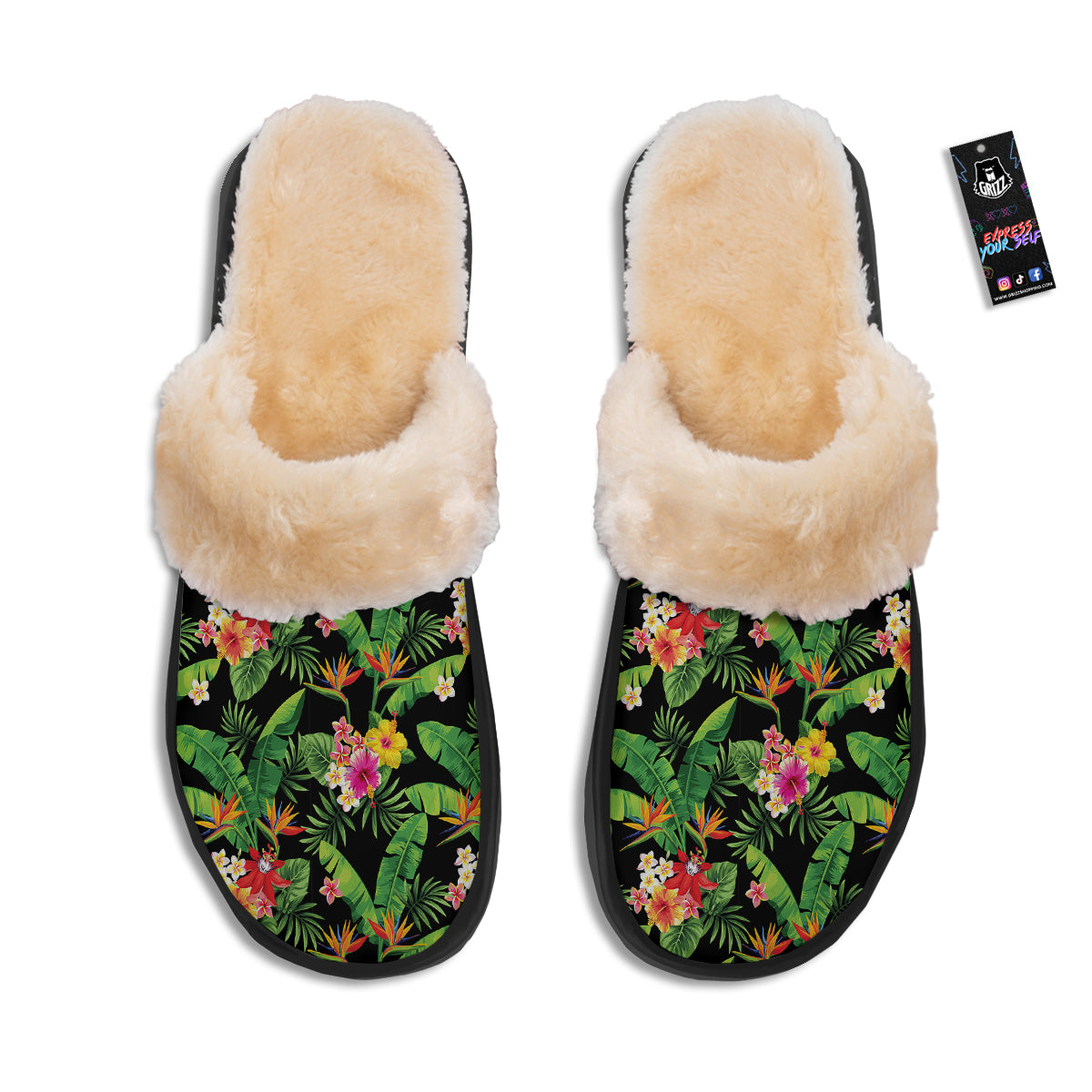 Hawaiian Flower And Tropical Leaf Print Pattern Slippers-grizzshop