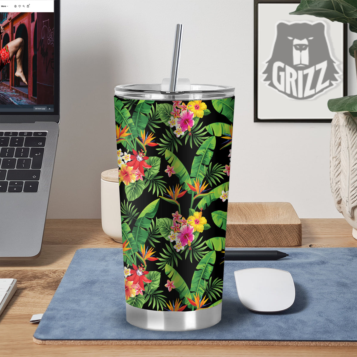 Hawaiian Flower And Tropical Leaf Print Pattern Tumbler-grizzshop